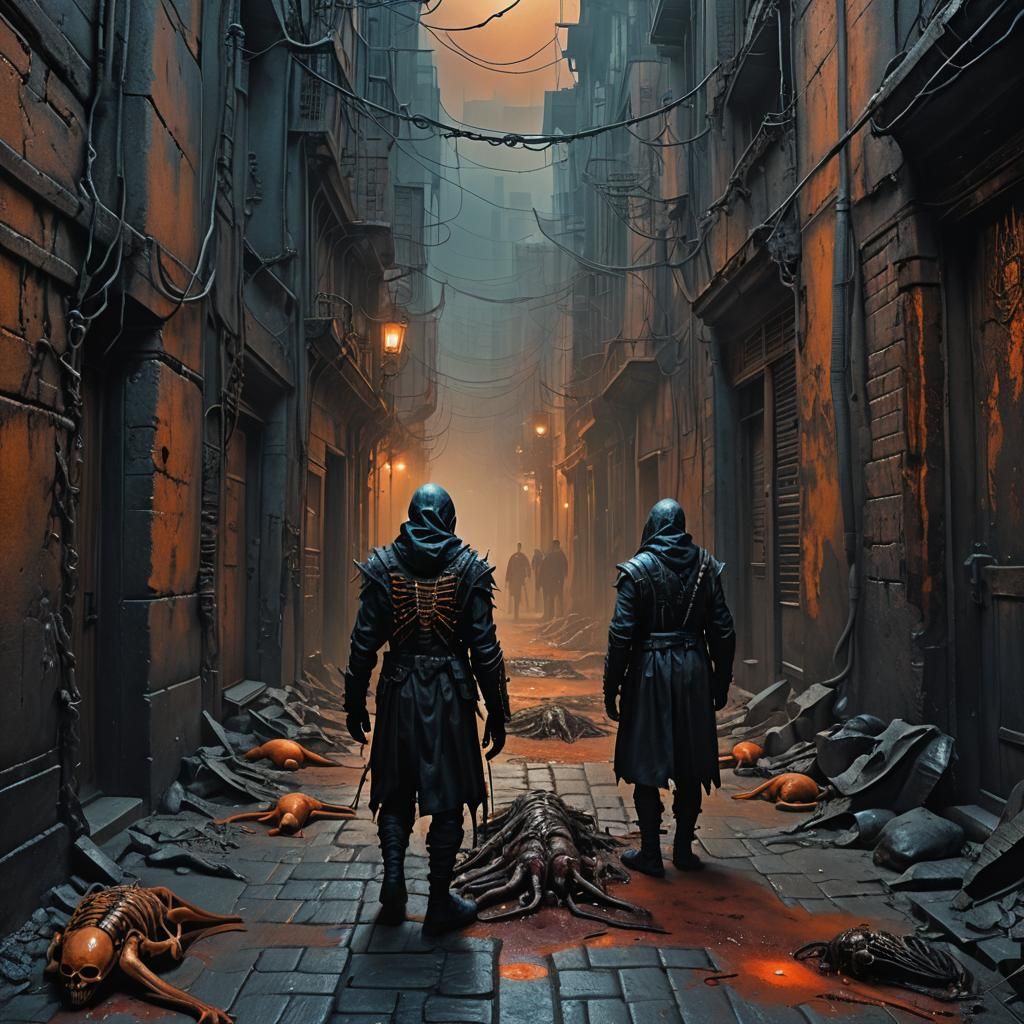 Dark Fantasy Killer in Blood Alley: Surrealist Matte Paintin...