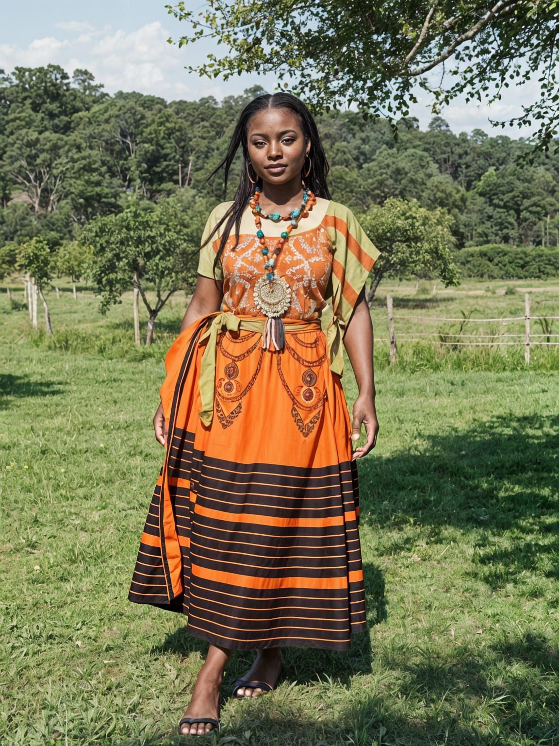 Serene Black Woman in Vibrant Orange Traditional Dress with ...