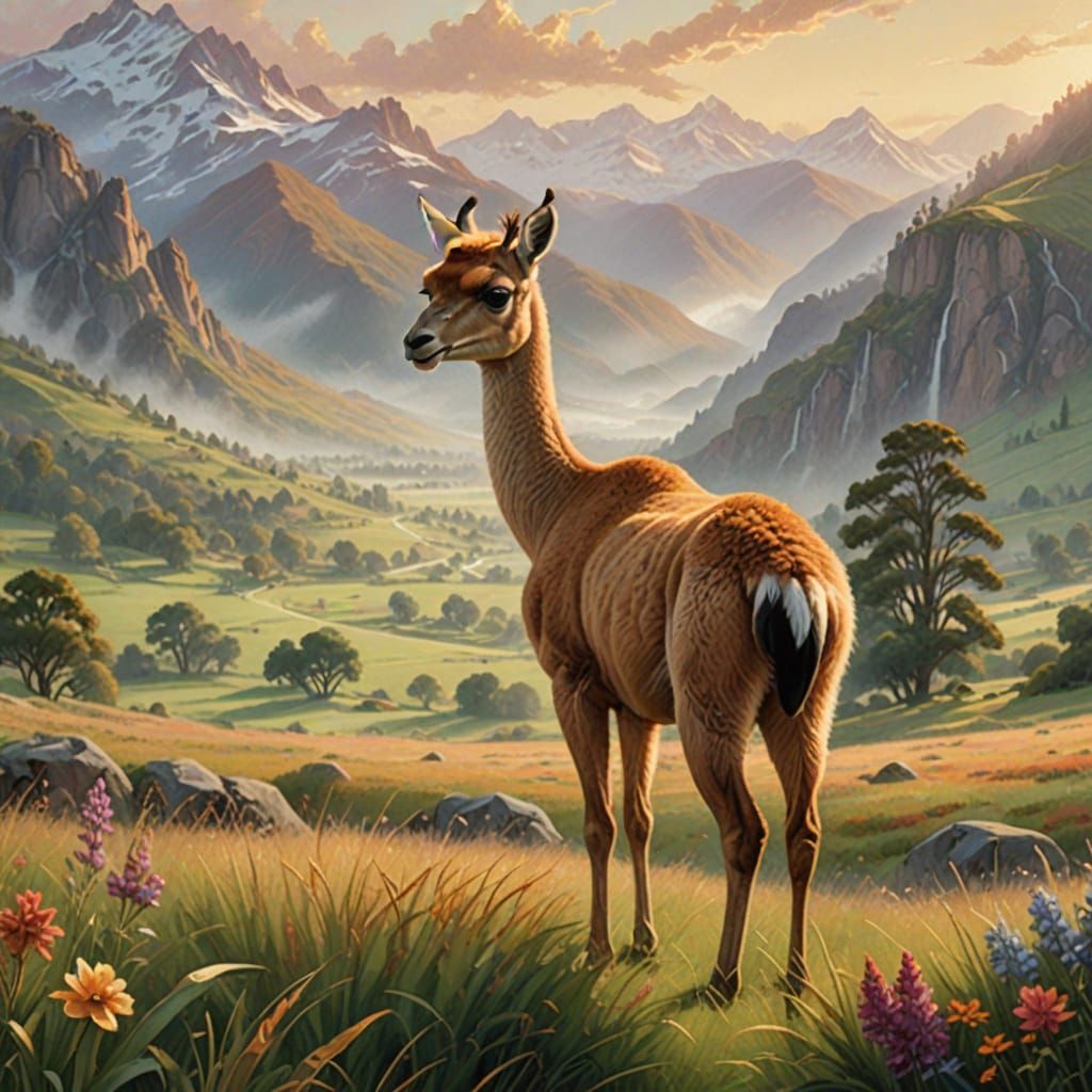 Vicuna in a Serene Fantasy Meadow