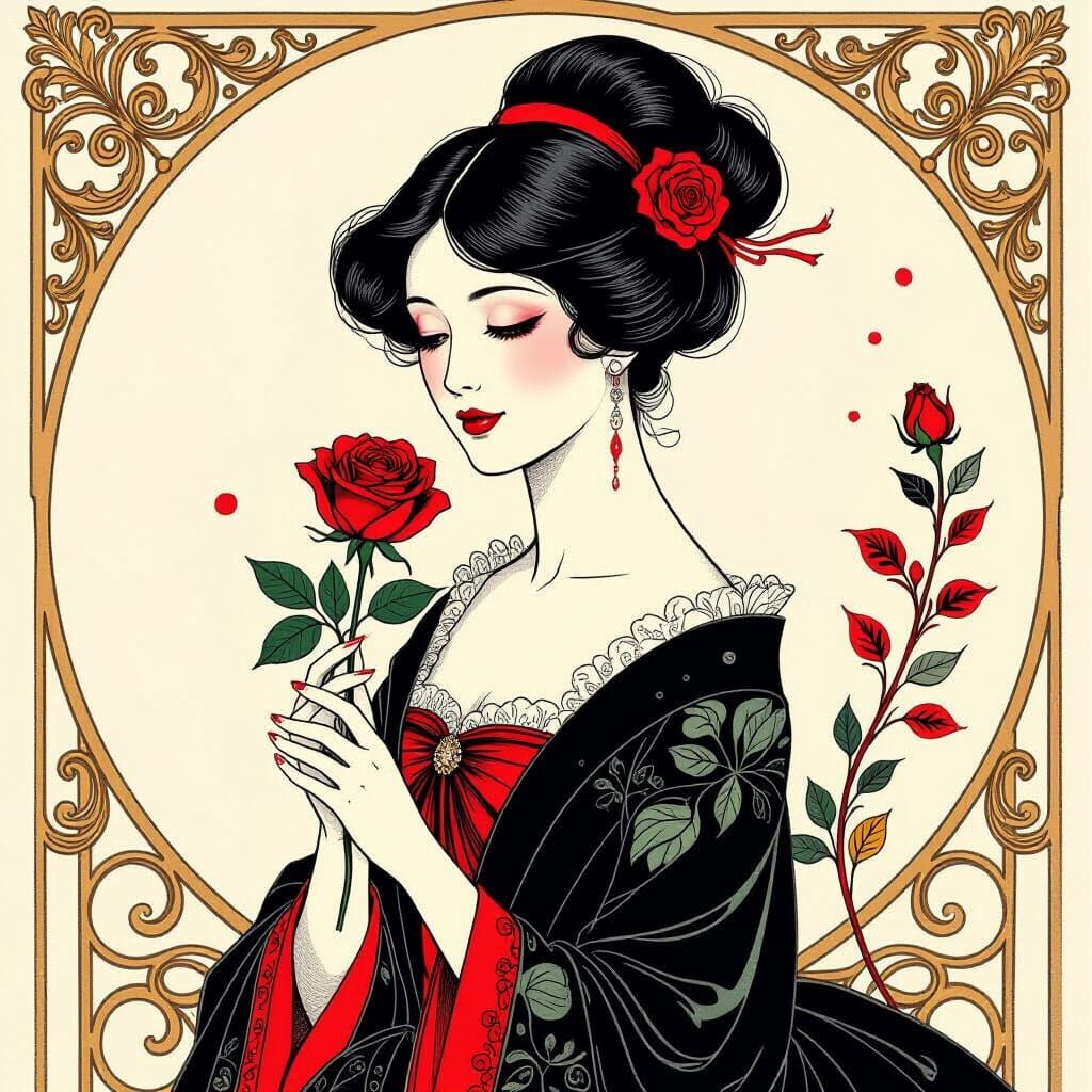 Elegant Lady with Rose in Art Nouveau Style