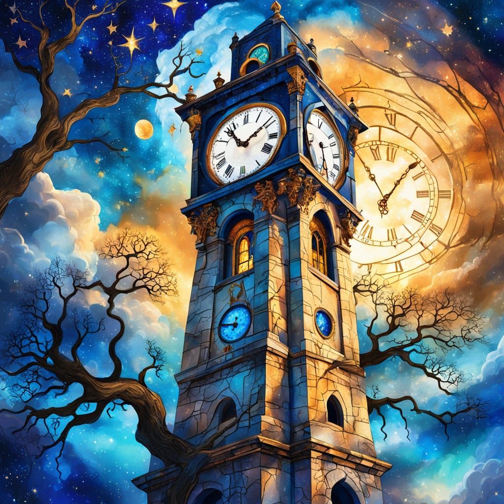 Clock Tower in Dreamy Cloudscape: Fantasy Artwork