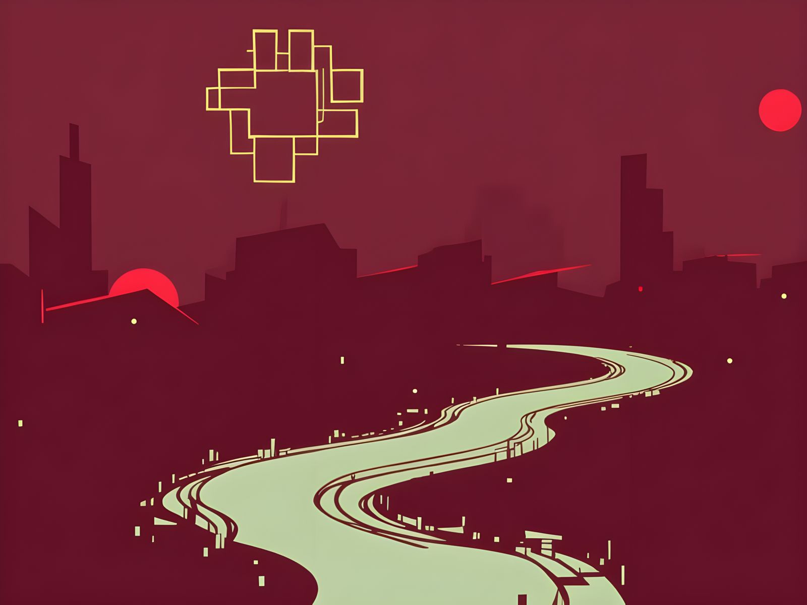 Abstract Circuit Board with Flowing River and Glyphs