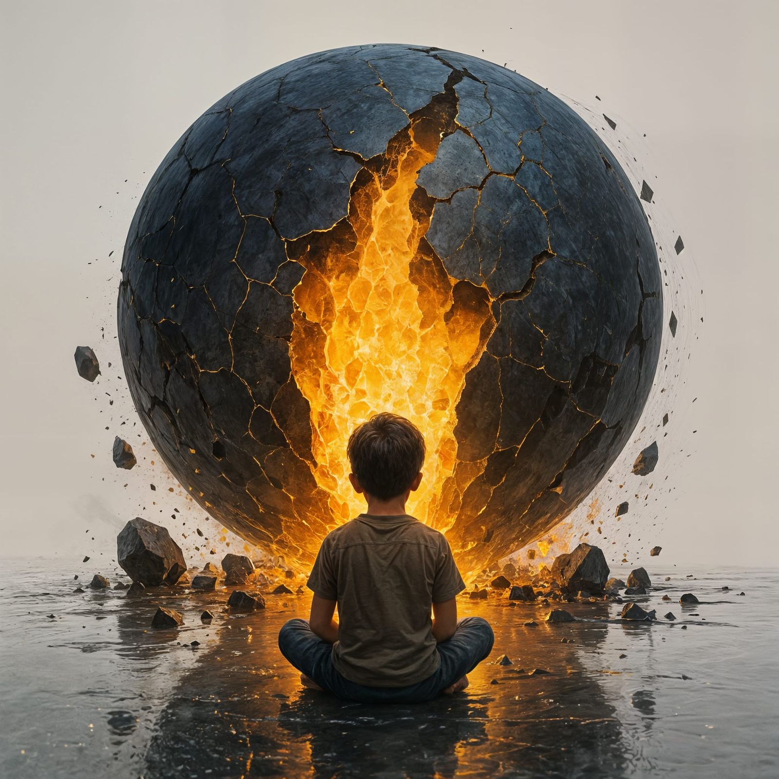 Boy Gazes at Exploding Metallic Sphere