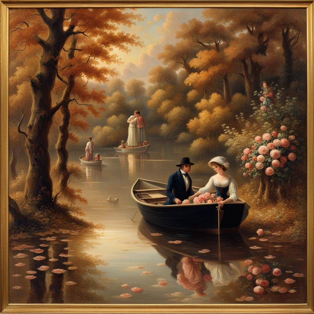 Victorian Autumn Landscape with Roses and Couple