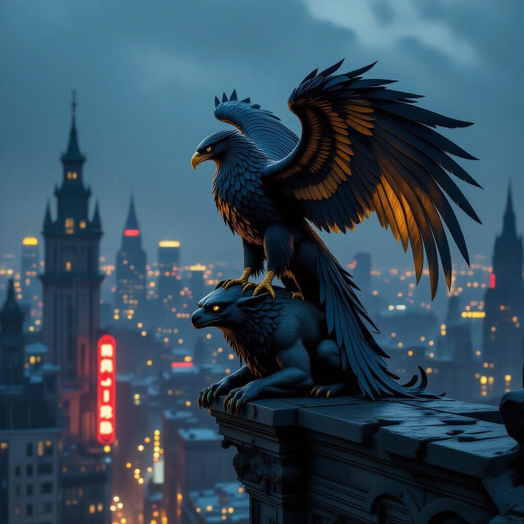 Griffin Overlooking Metropolis in Beksiński Style