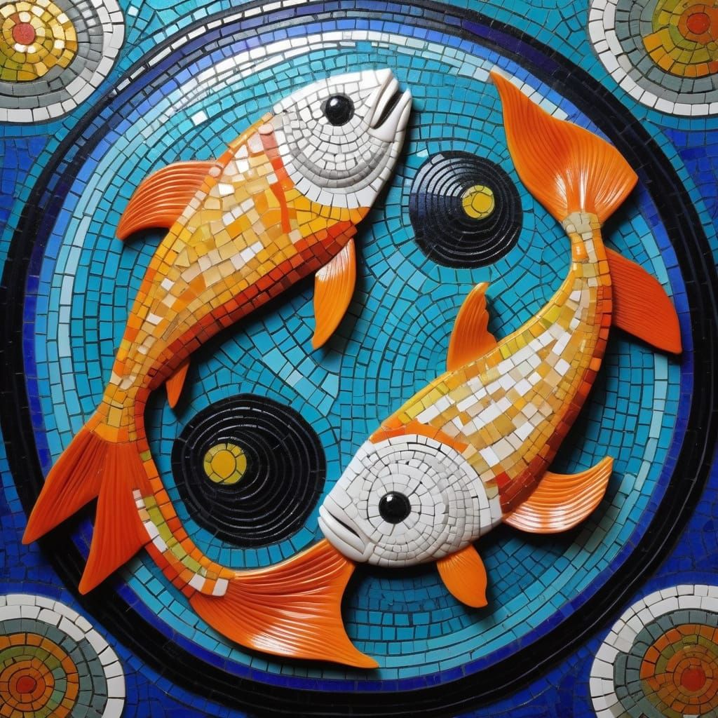 Surreal Mosaic Fish Entwined in Yin Yang Symbolism