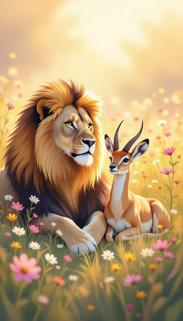 Lion and Springbok in Wildflowers, Watercolor Style