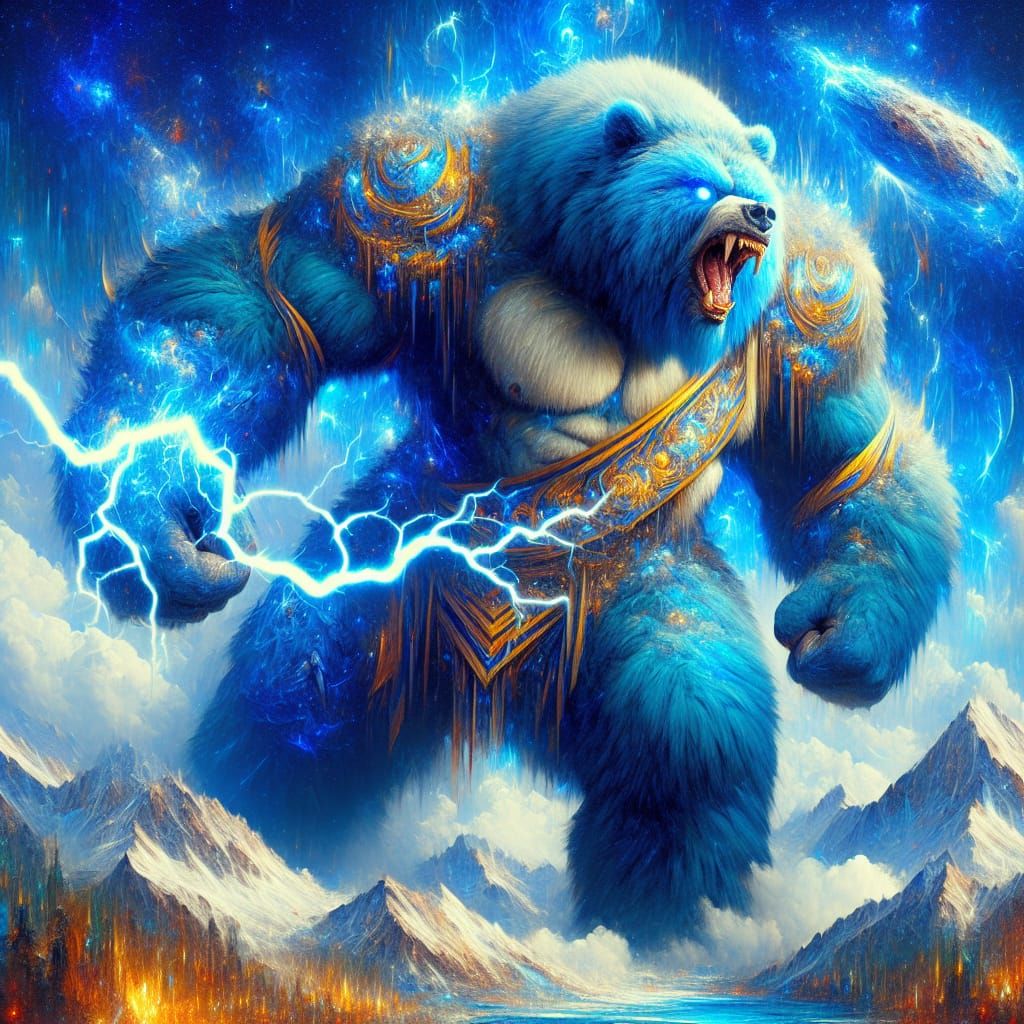 Majestic Blue Werebear Battles Asteroid with Electricity