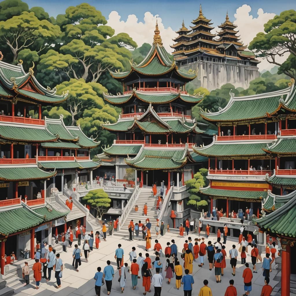 Khoo Kongsi and Wat Chayamangkalaram Temple in Gouache