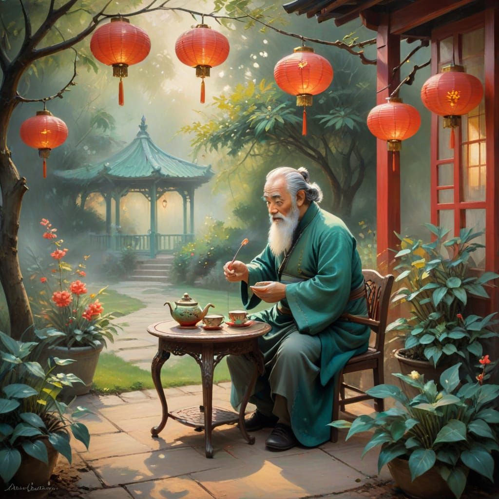 Uncle Iroh's Tea Gathering in a Serene Garden Oasis
