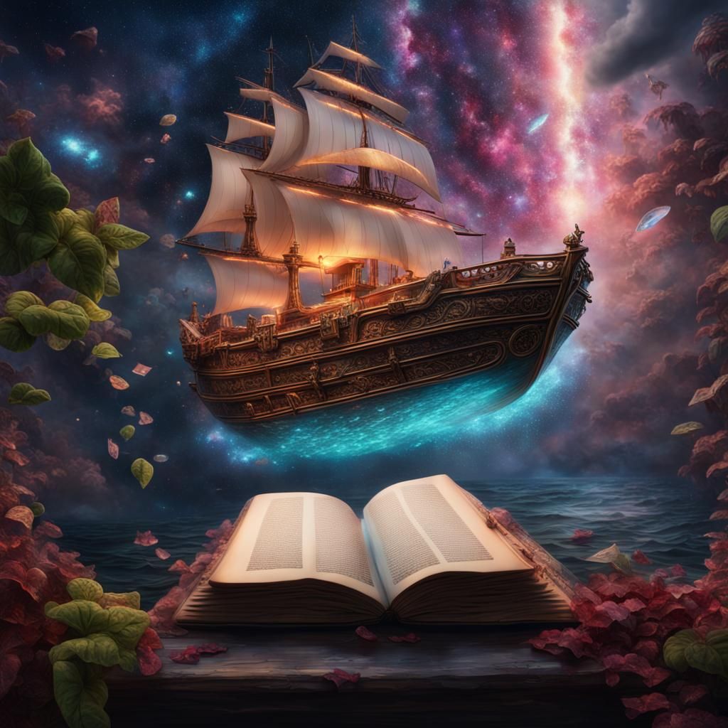 A galaxy boat with lots of coleus coming out of a giant wag if glowing book with floating crystals and a beautiful ship ...