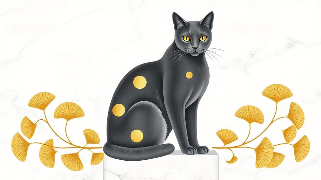 Art Deco Elegance: Stylized Cat Amidst Golden Ginkgo Leaves