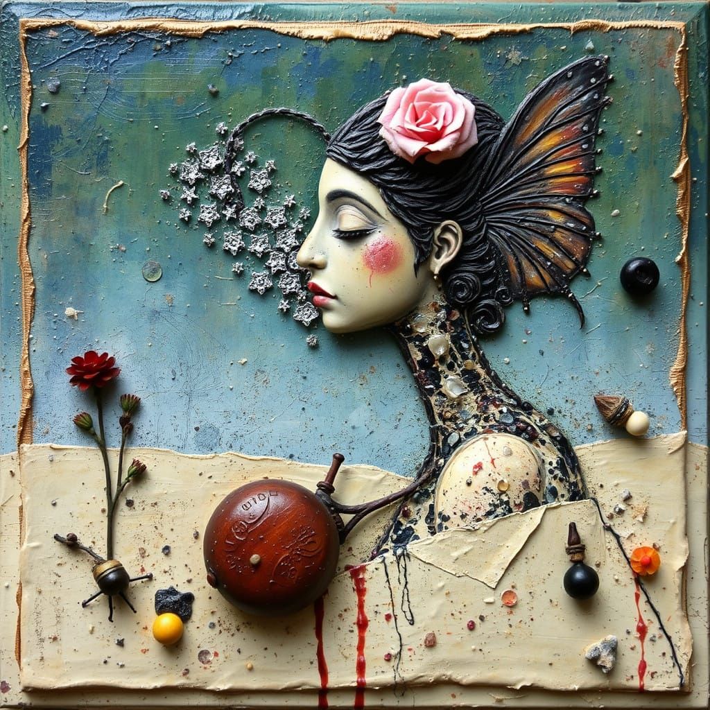 Symbolic Surreal Collage in Heavy Impasto Style