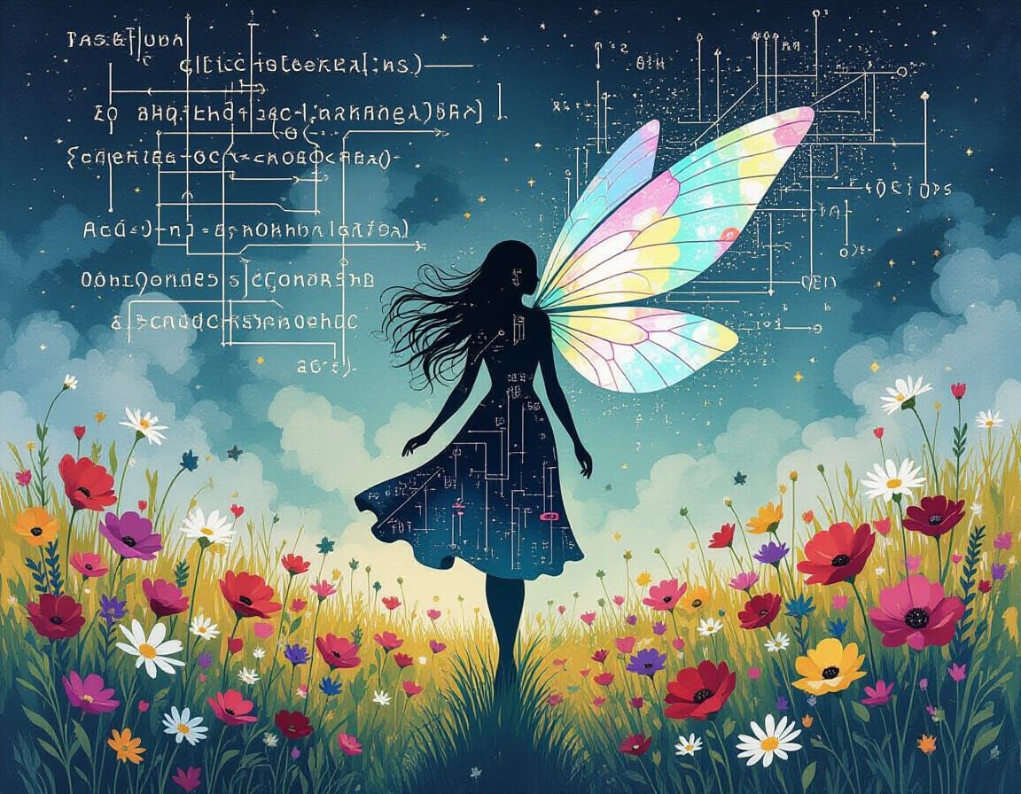 Winged Fairies in Teslapunk Glitchcore Landscape