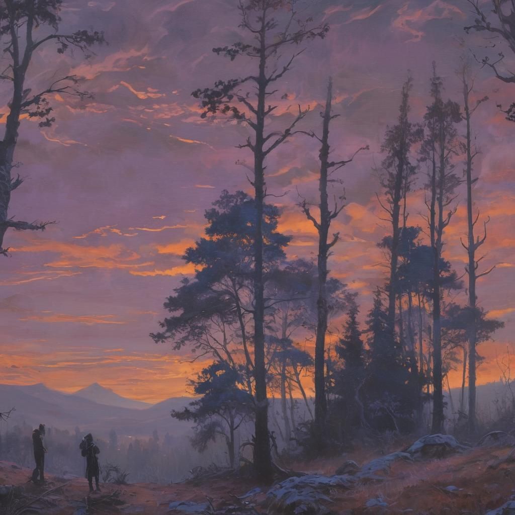 Symbolist Ominous Forest Landscape at Sunset