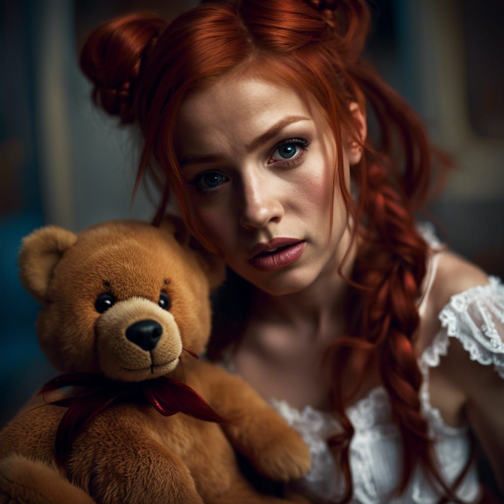 Kidnapped Redhead with Teddy Bear: Photorealistic Portrait