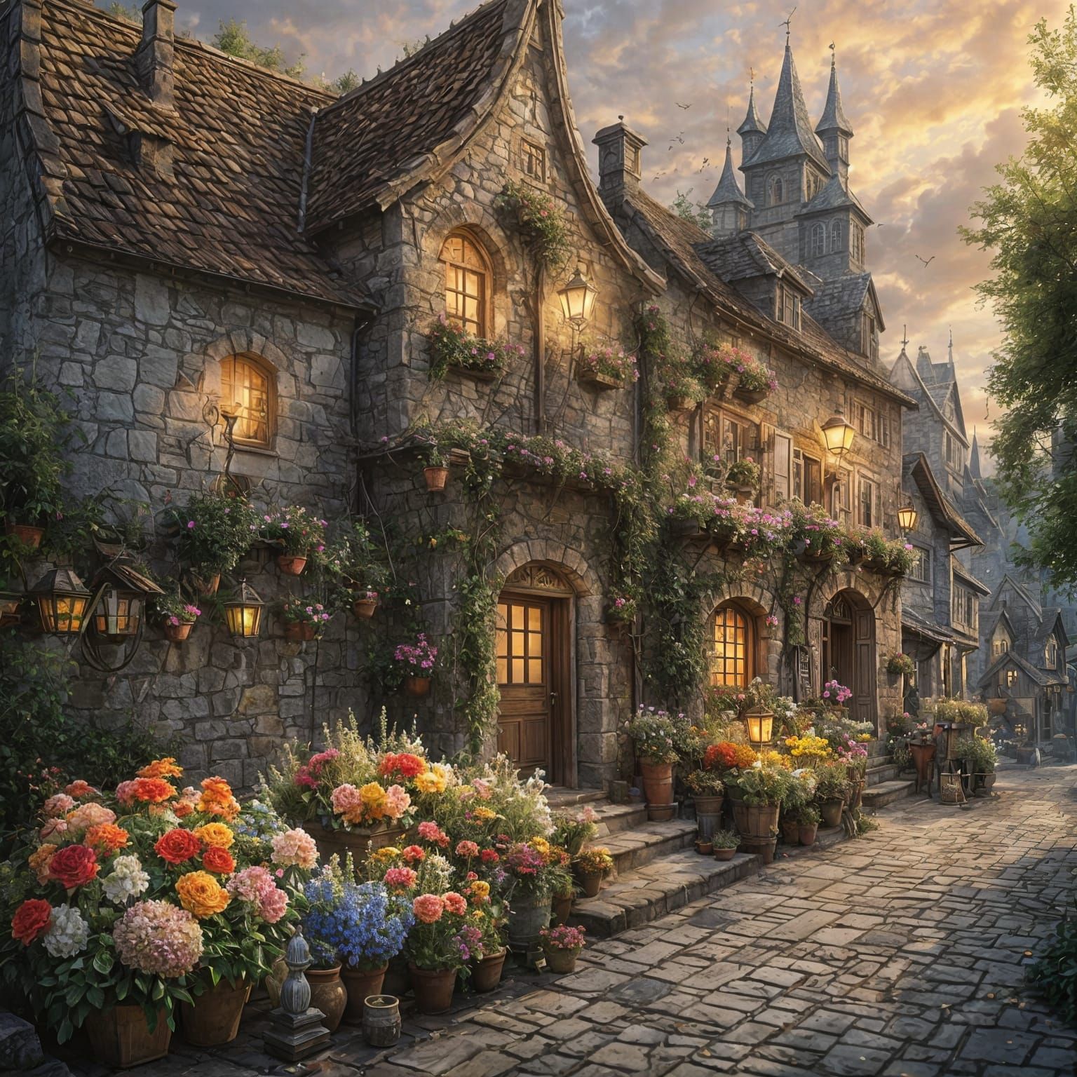 Medieval Dragons as Florists in Village Marketplace