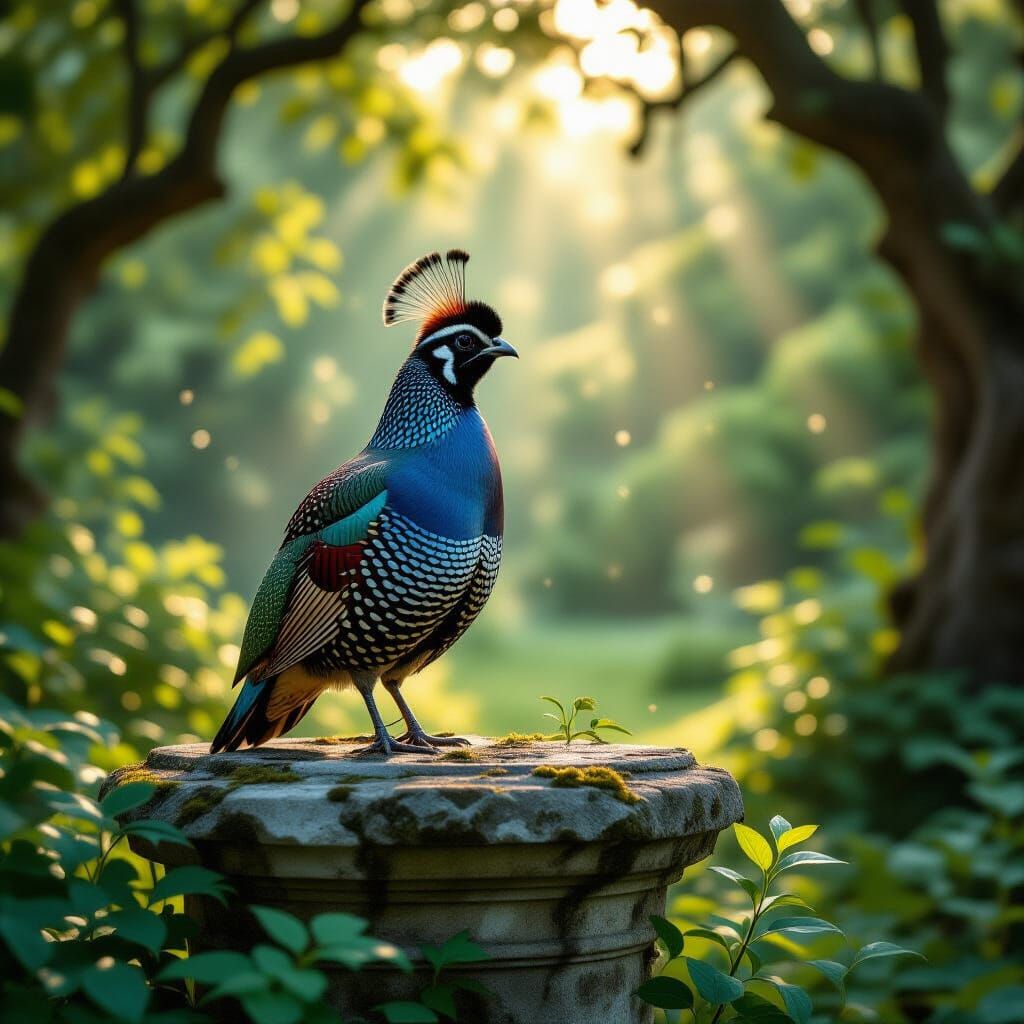 Majestic Quail in Overgrown Garden, Classical Landscape Styl...