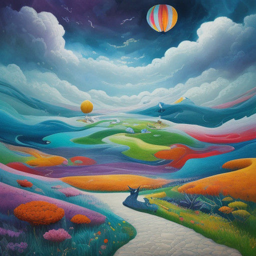 Two Whimsical Cats in a Vibrant Dreamlike Landscape