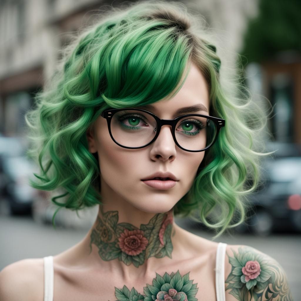 Tattooed Curvy Woman with Green Eyes and Glasses