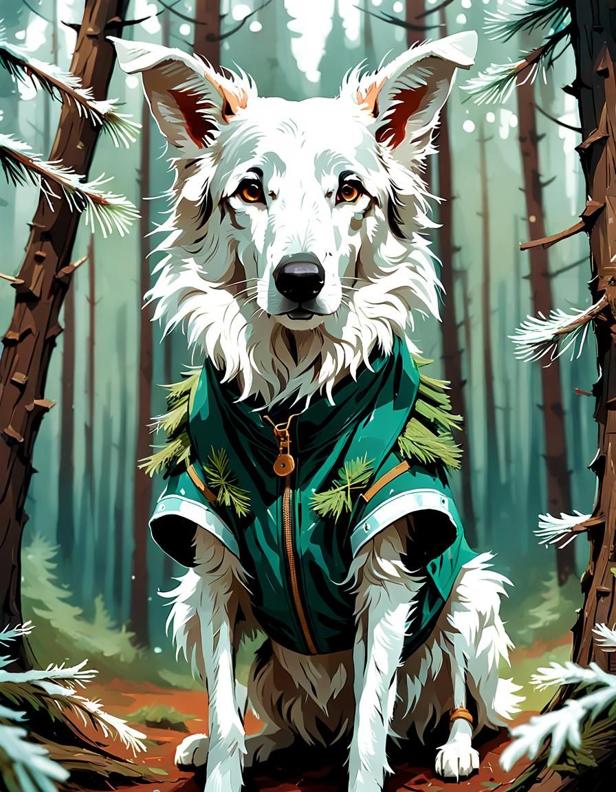 Adorable Pine-Clad White Borzoi in Digital Painting