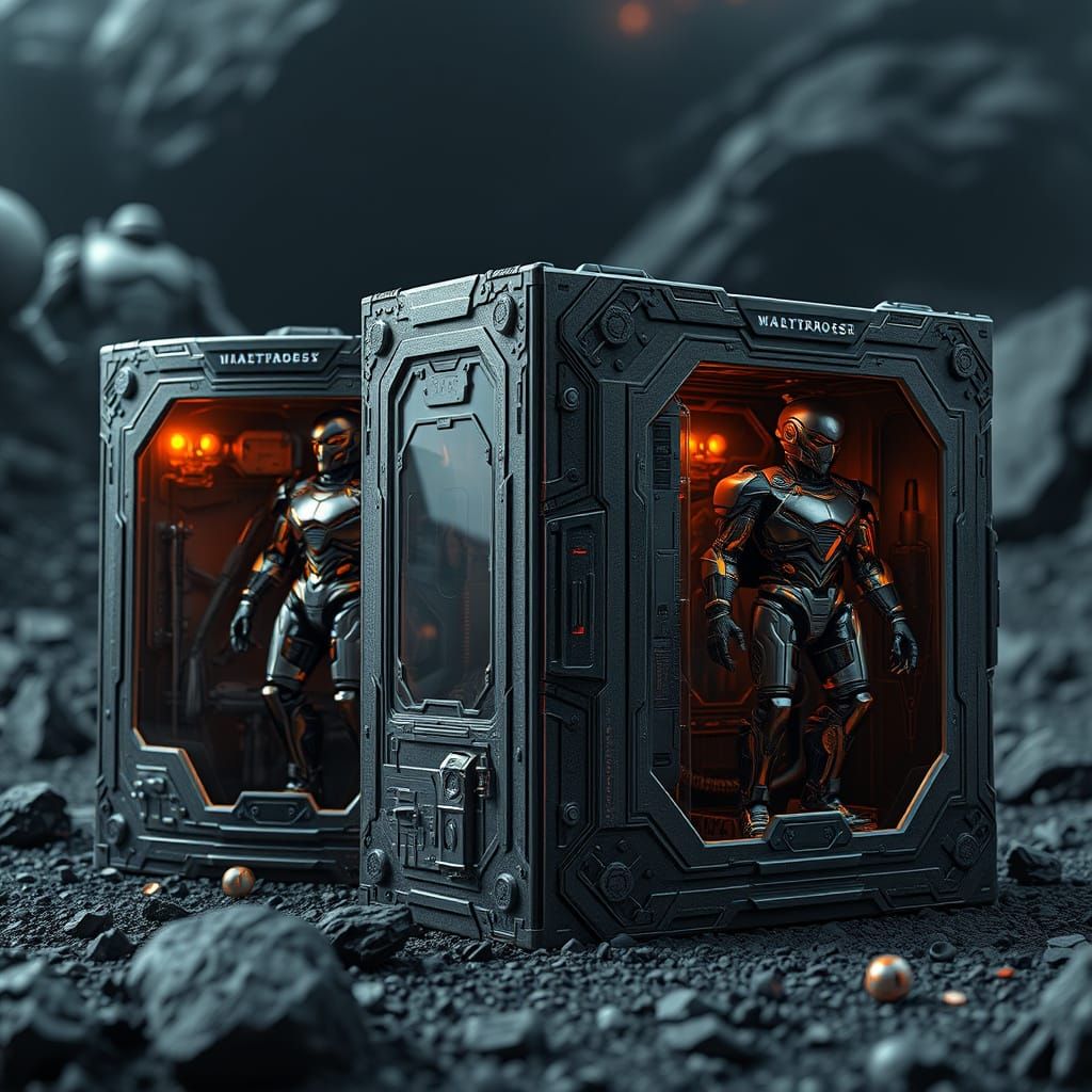 Dystopian Sci-Fi Action Figure Boxes in Futuristic Metal and...