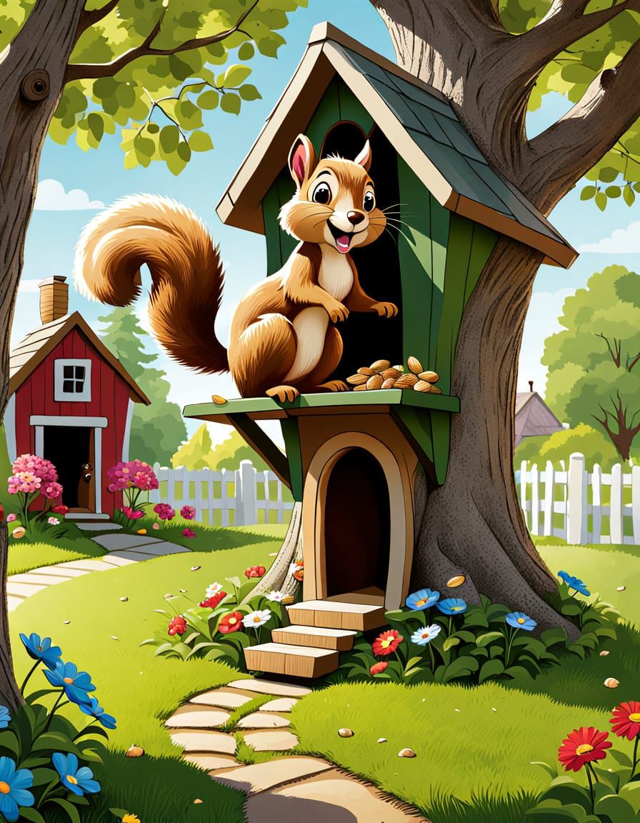 Cartoon Squirrel's Nutty Mischief in a Sunny Backyard