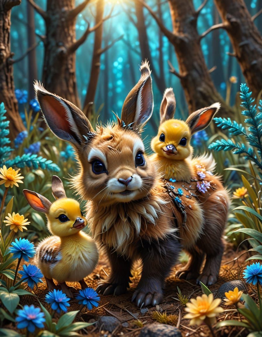 Cute Wolverine Jackalope with Duck in Magical Forest
