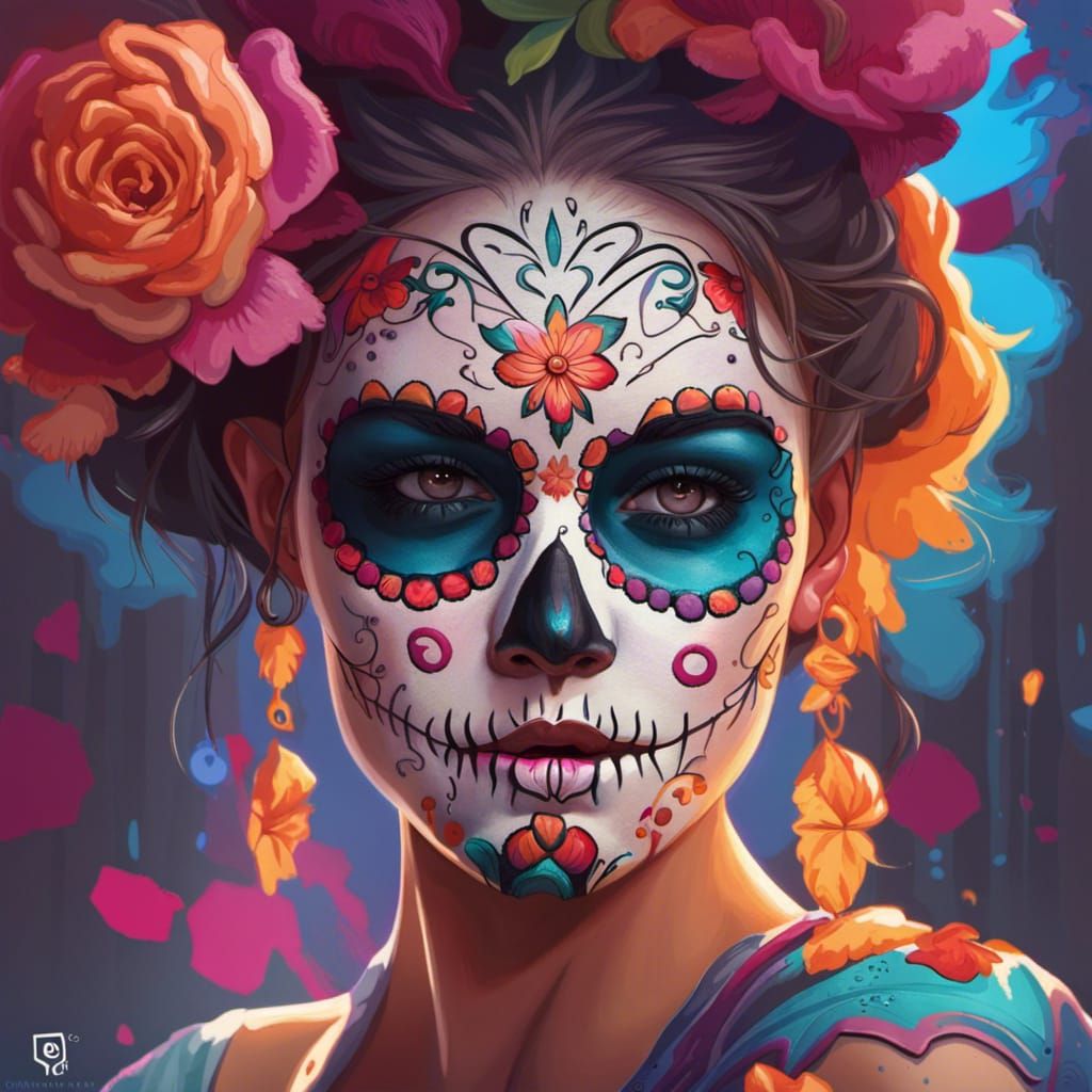 Woman in Sugar Skull Makeup, Detailed Portrait