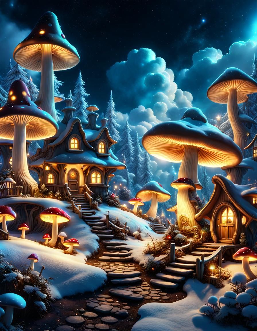 Luminescent Mushroom Fairy Village at Night