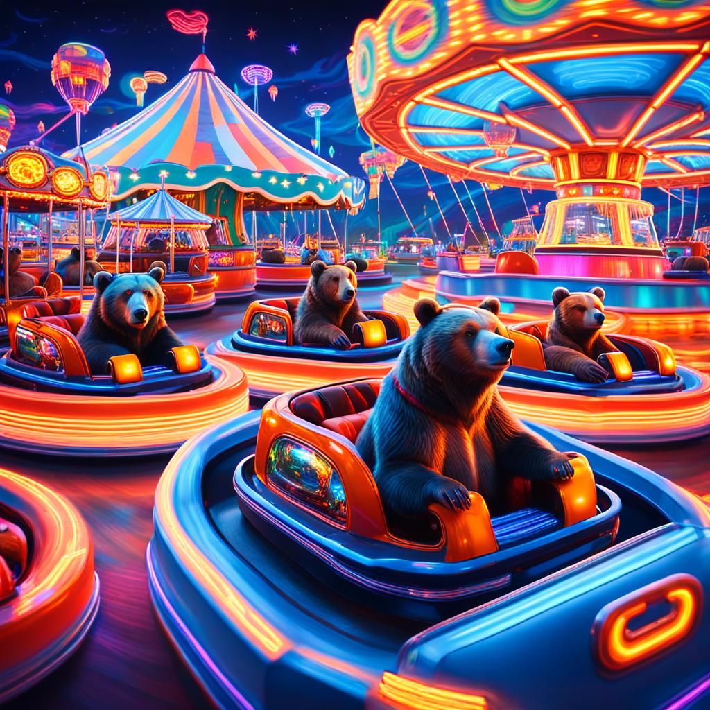 Bears Driving Bumper Cars at a Fantasy Fair