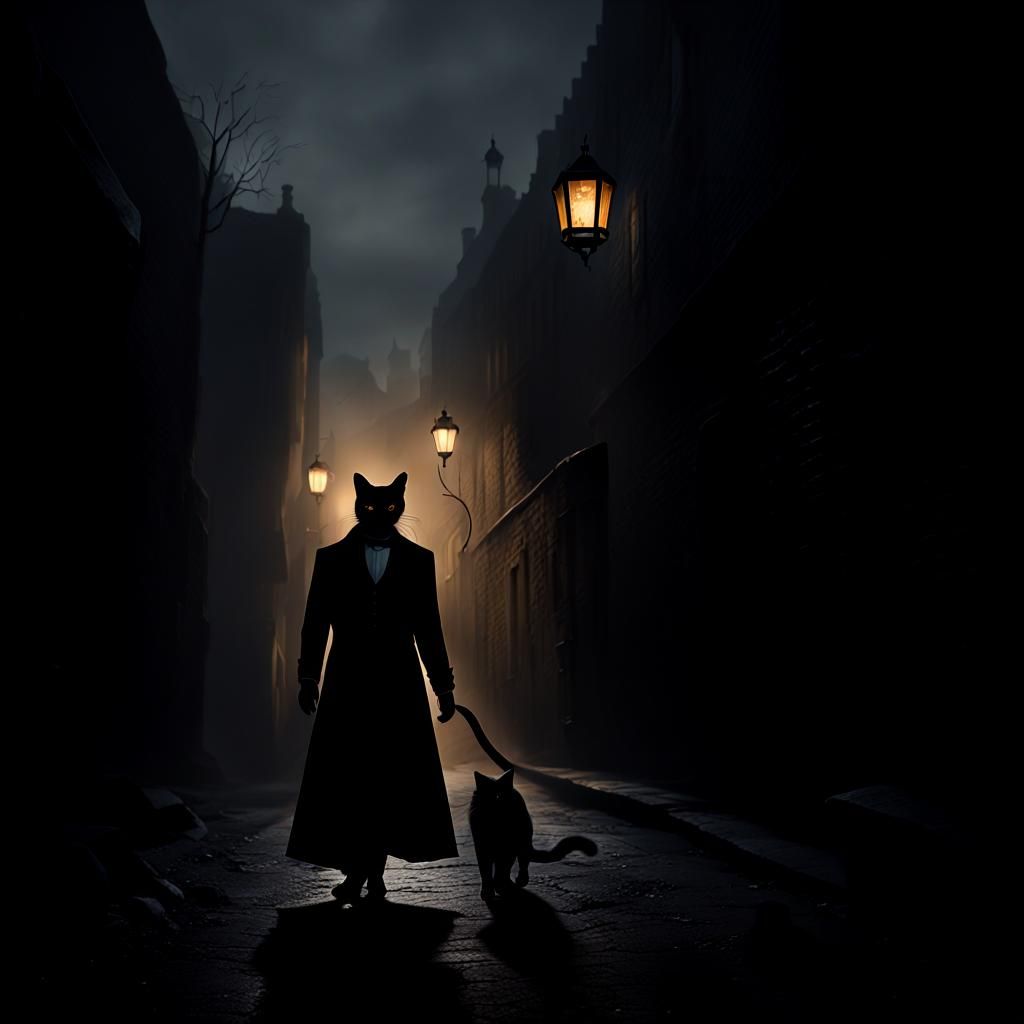 Gothic Black Cat in Dimly Lit Alley