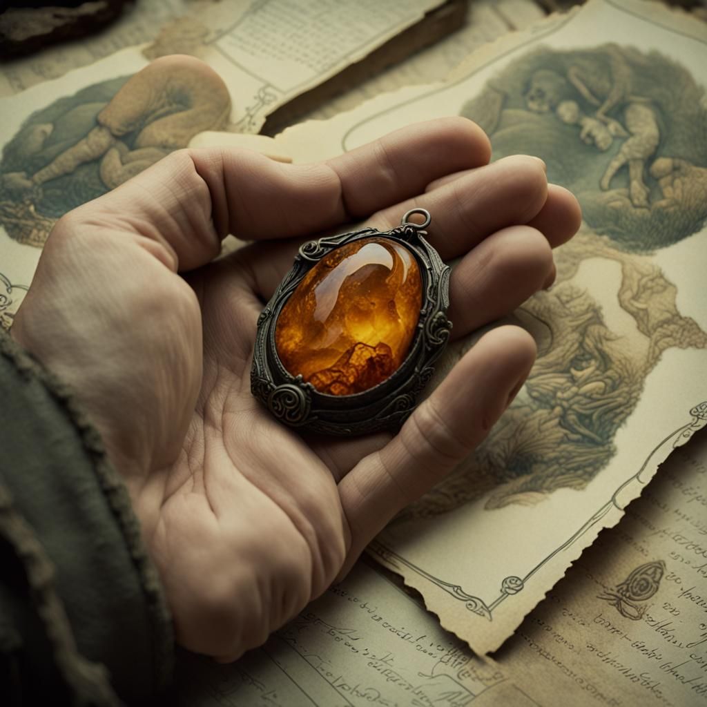 Amber Amulet in Hand: Cinematic Film Still