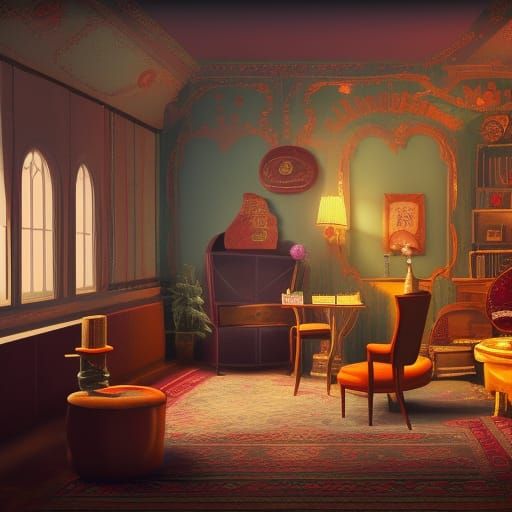 Queen's Bohemian Tea Time Lounge in Detailed Digital Art