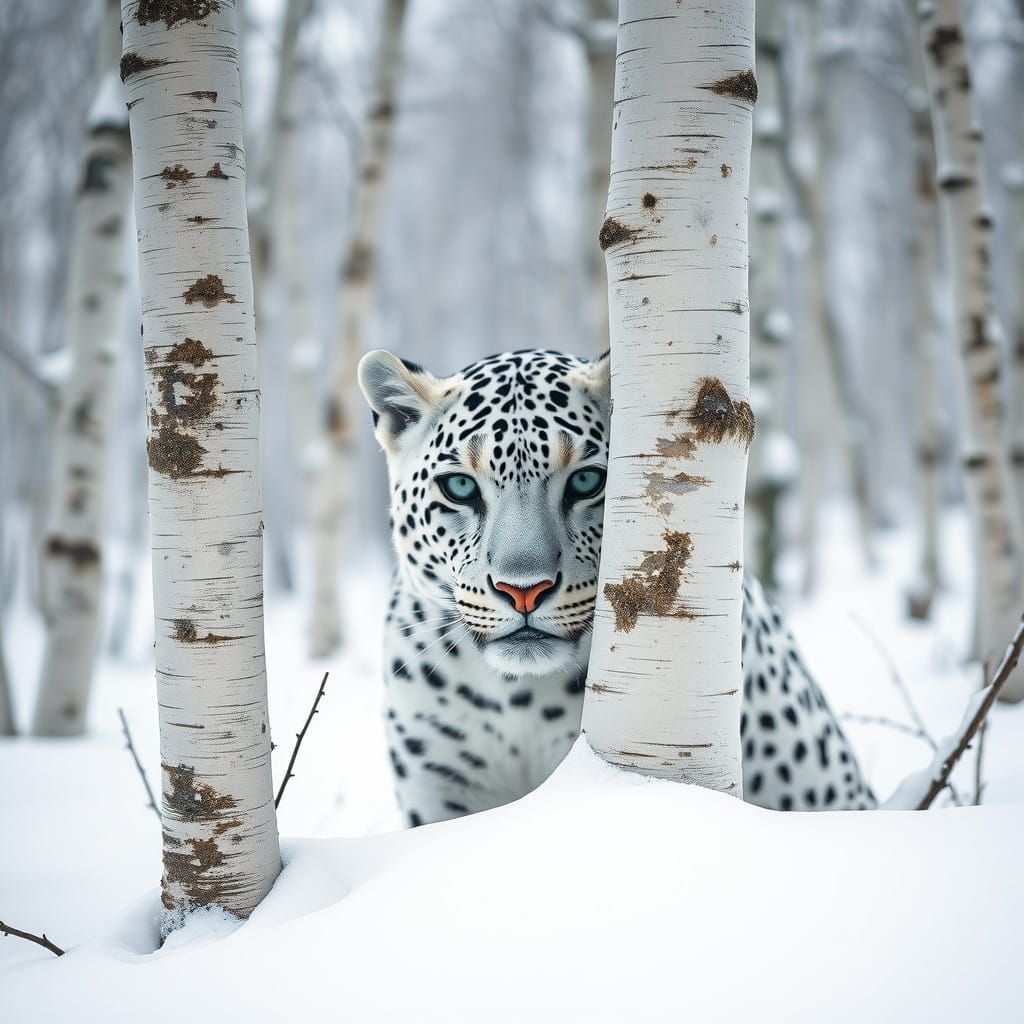 White Leopard Portrait in Snowy Birch Forest