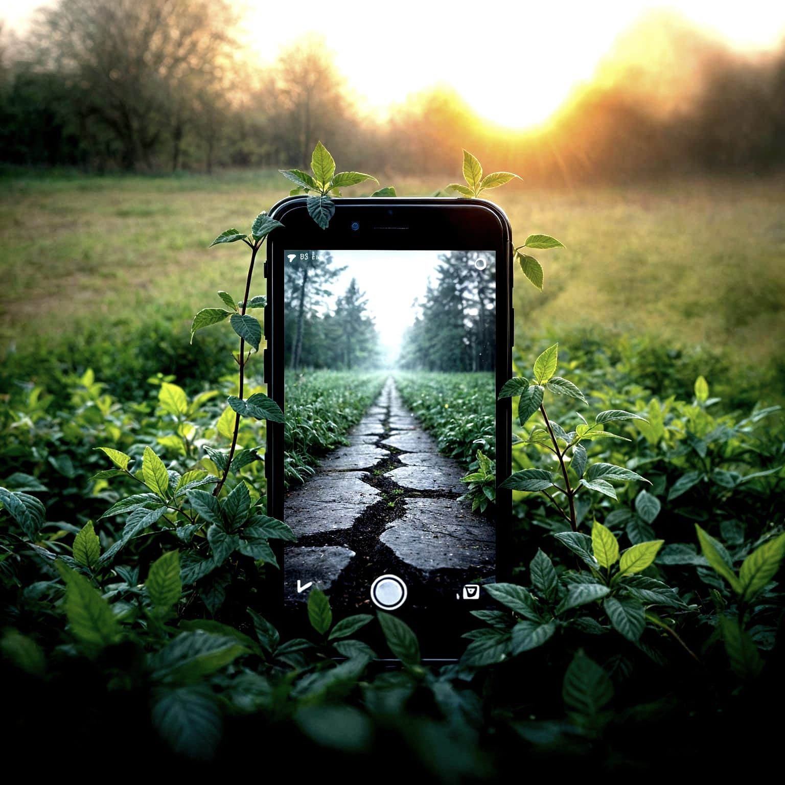 Vines Emerging from Cracked Phone in Hyperrealistic Style