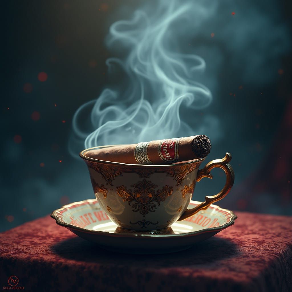 Luxurious Cigar and Coffee in a Dreamlike, Cyberpunk Atmosph...