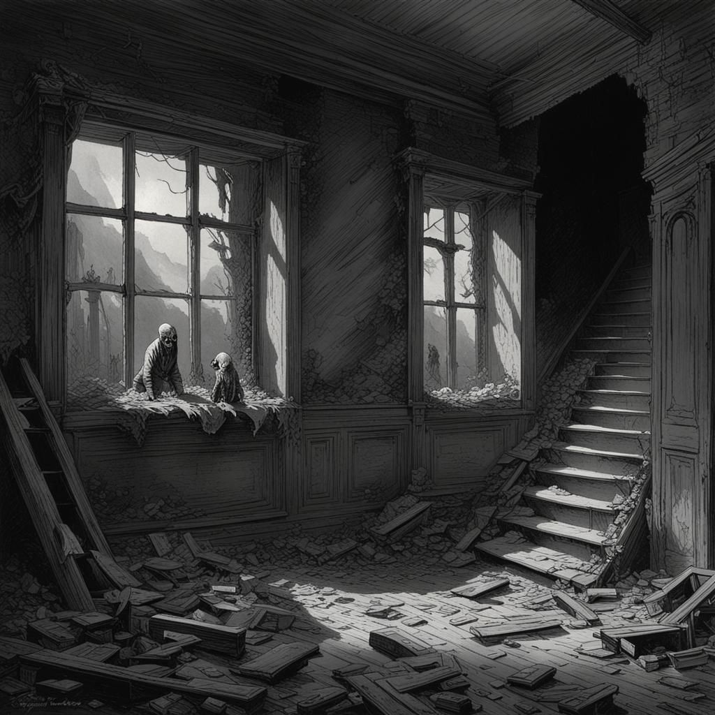 Abandoned Building with Shadow, Gothic Horror Style