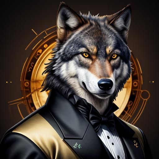 Steampunk Wolf Portrait in Tuxedo