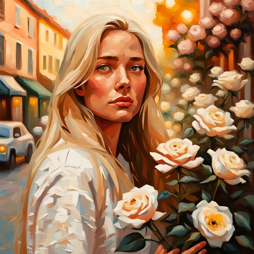 Woman in Street Surrounded by Roses as Impasto Painting
