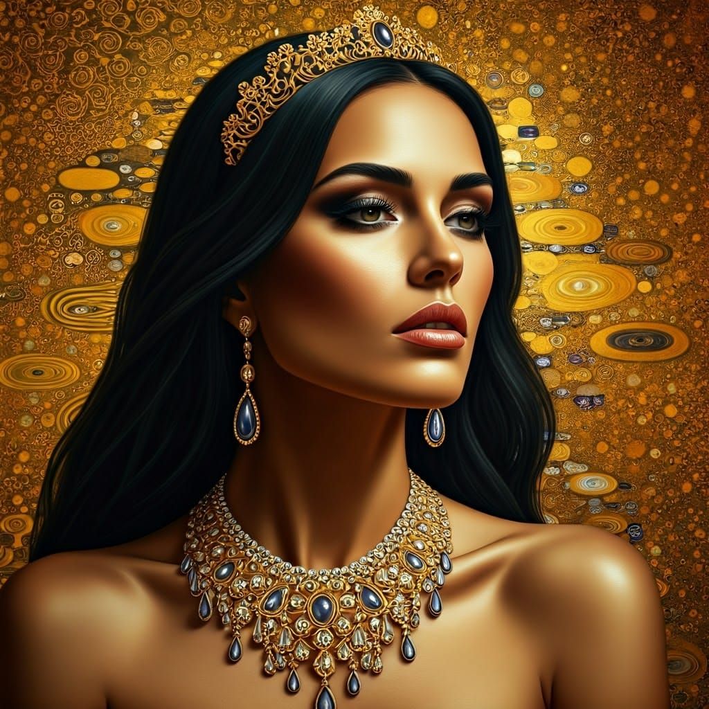 Stunning Woman in Gilded Klimt-Inspired Portrait