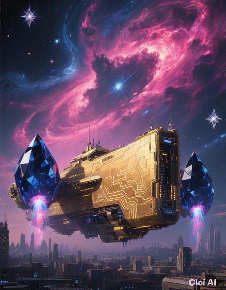Golden Metropolis Starship in Cosmic Nebula