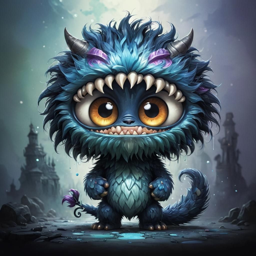 Adorable Chibi Monster with Brush in Watercolor Style