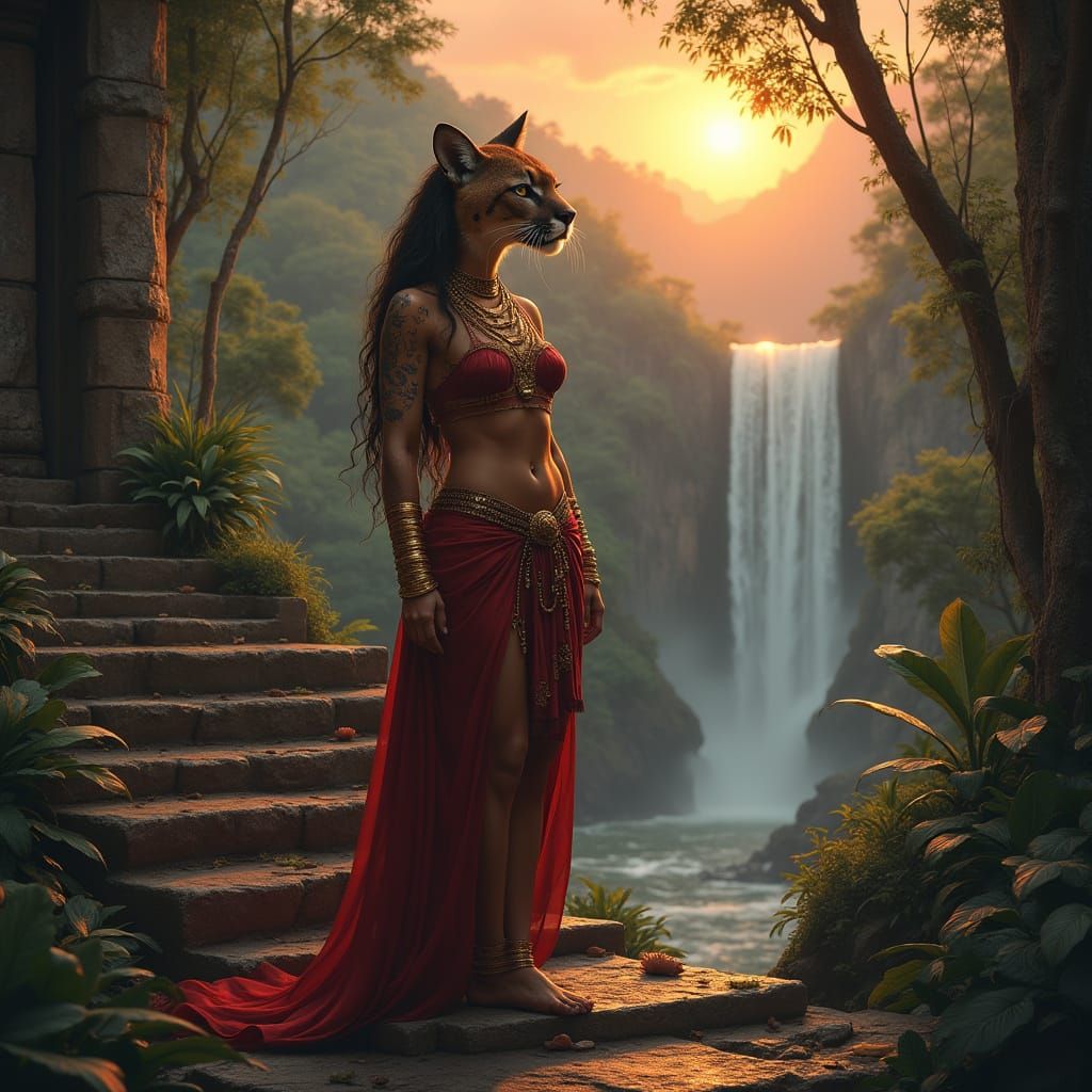 Majestic Cougar Woman in Jungle Temple