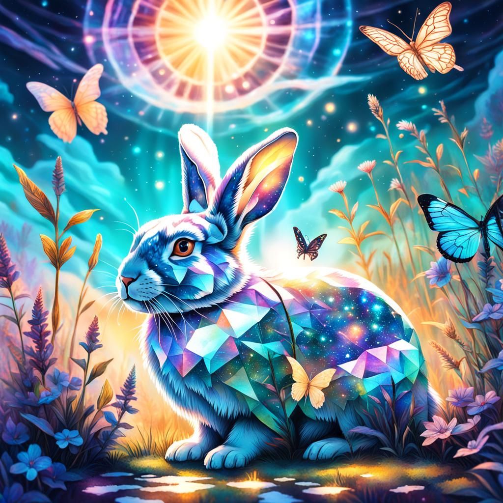Rabbit and Butterfly Sunrise: Cosmic Illustration