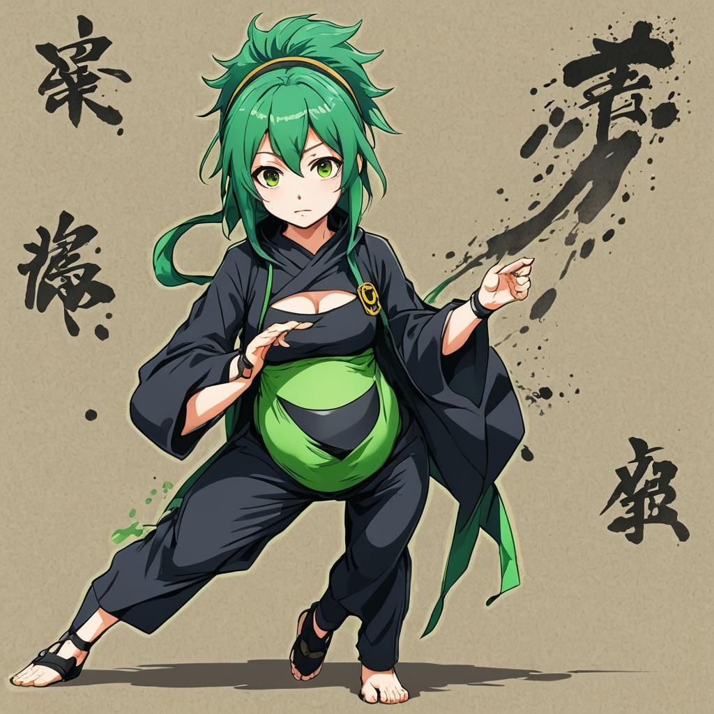 Pregnant Green-Haired Ninja in Anime Style