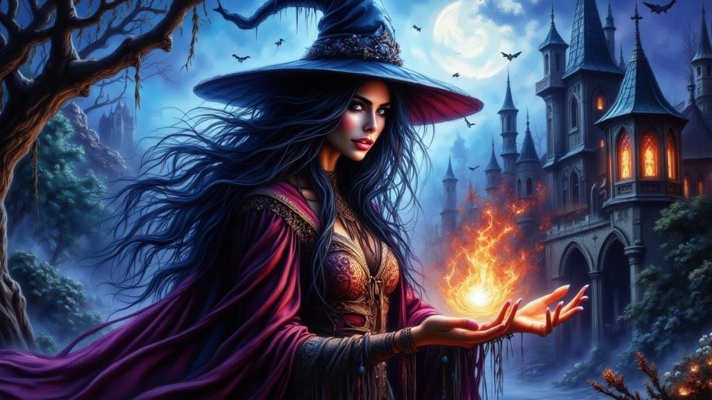 Witch Casting Spell in Castle on Halloween Night