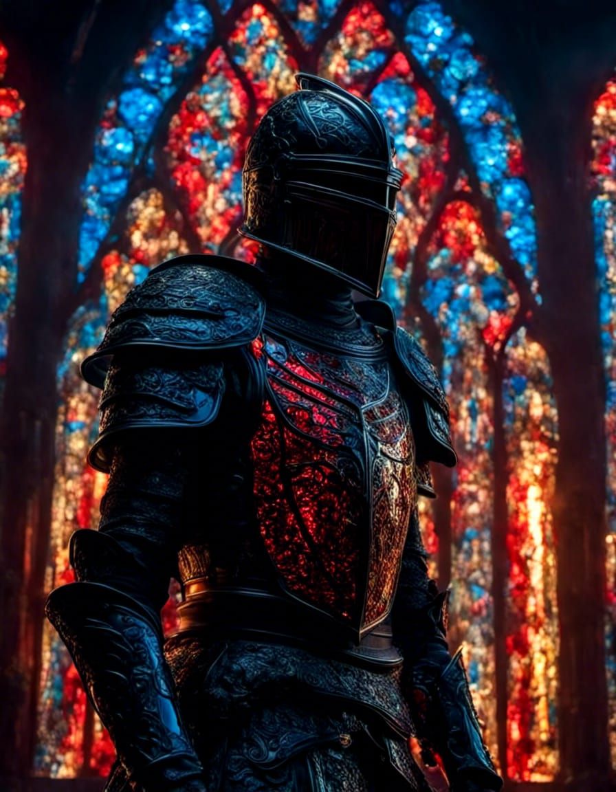 Cyberpunk Stained Glass Knight with Glowing Core