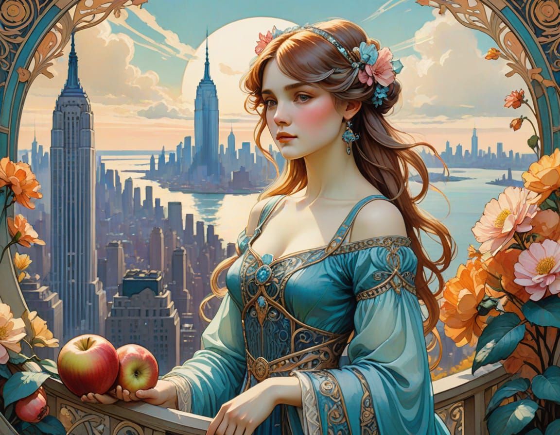 Elegant Art Nouveau Watercolor Masterpiece with a Giant Appl...