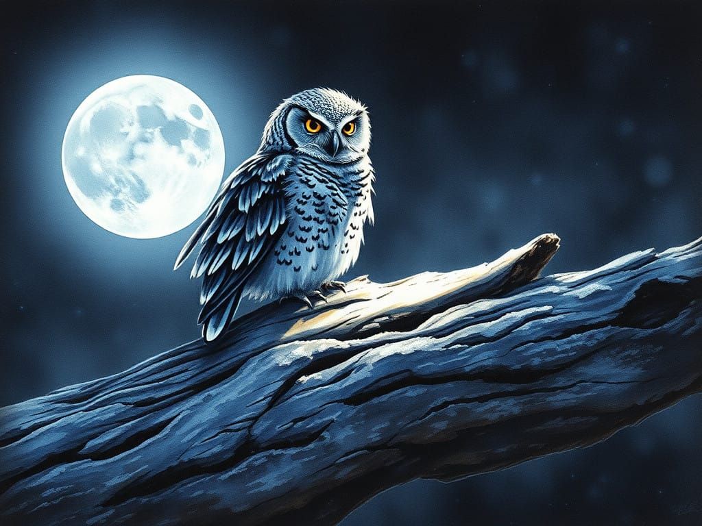 Moonlit Owl Perched on a Silvery Log